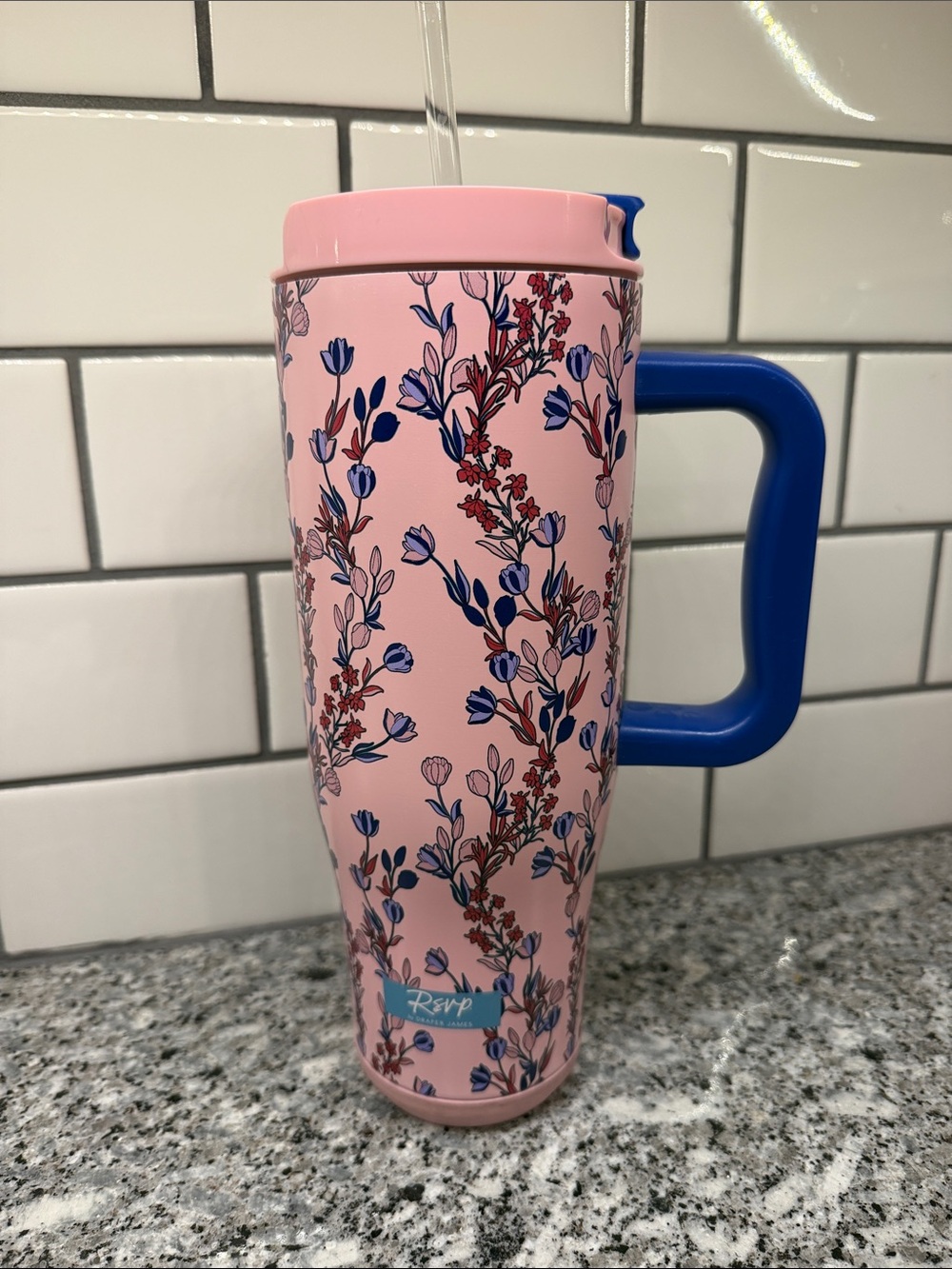 RSVP by Draper James Pink Floral Travel Mug with Blue Handle 40oz